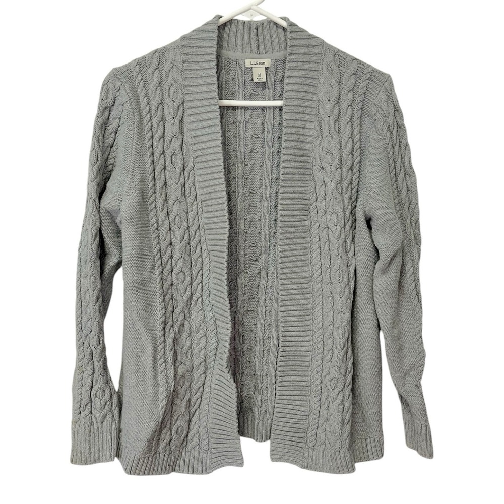 L.L. Bean M Medium Gray Cardigan Cable Knit Open Front Coastal Grandma Preppy
